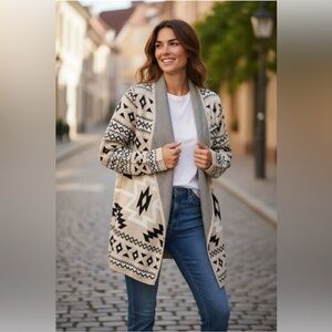 Lucky Brand Women’s Aztec Cardigan Sweater Beige Gray Size M